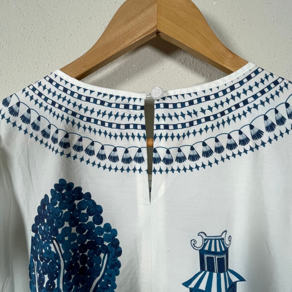 Farm Rio Resort Boho Chinoiserie Midi Dress Women Size M Puff Sleeve Tiered - Picture 8 of 10